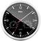 Analoge Wanduhr mit schwarzem Zifferblatt, weißem Stunden- und Minutenzeiger, rotem Sekundenzeiger. Links Temperaturanzeige, rechts Luftfeuchtigkeitsanzeige.
