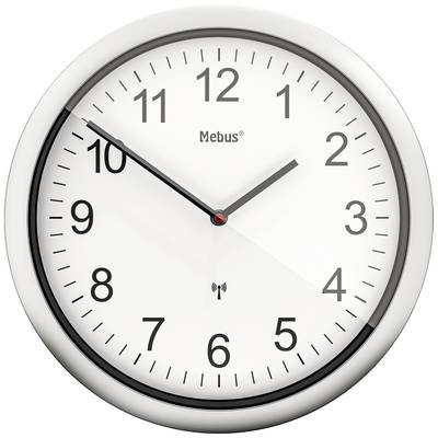 Analoge Wanduhr, zeigt 10:10 Uhr an, weißes Zifferblatt, schwarze Ziffern und Zeiger, silberner Rand.