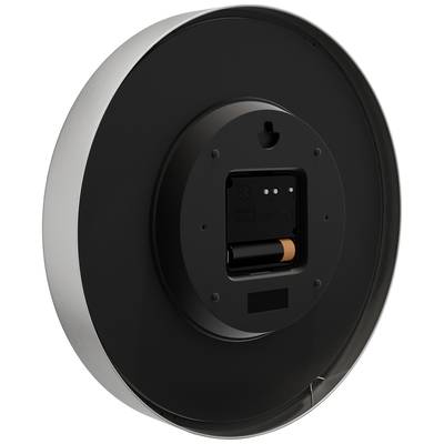 Rückseite einer runden Uhr mit Batteriefach, in dem eine einzelne AA-Batterie eingesetzt ist.