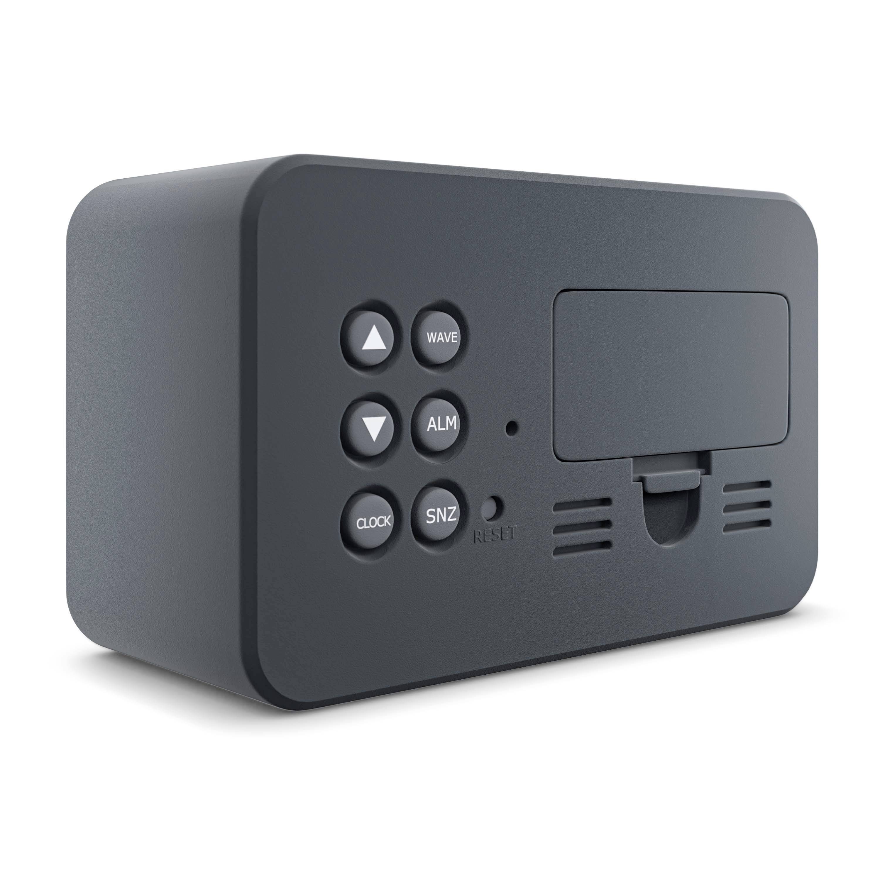 Schwarzer Wecker mit rechteckigem Display, fünf Tasten auf der linken Seite für Funktionen wie Welle, Alarm und Snooze.