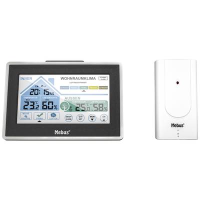 Digitales Thermo-Hygrometer zeigt Innen- und Außentemperatur, Luftfeuchtigkeit und Uhrzeit an. Links Hauptgerät, rechts Sensor.