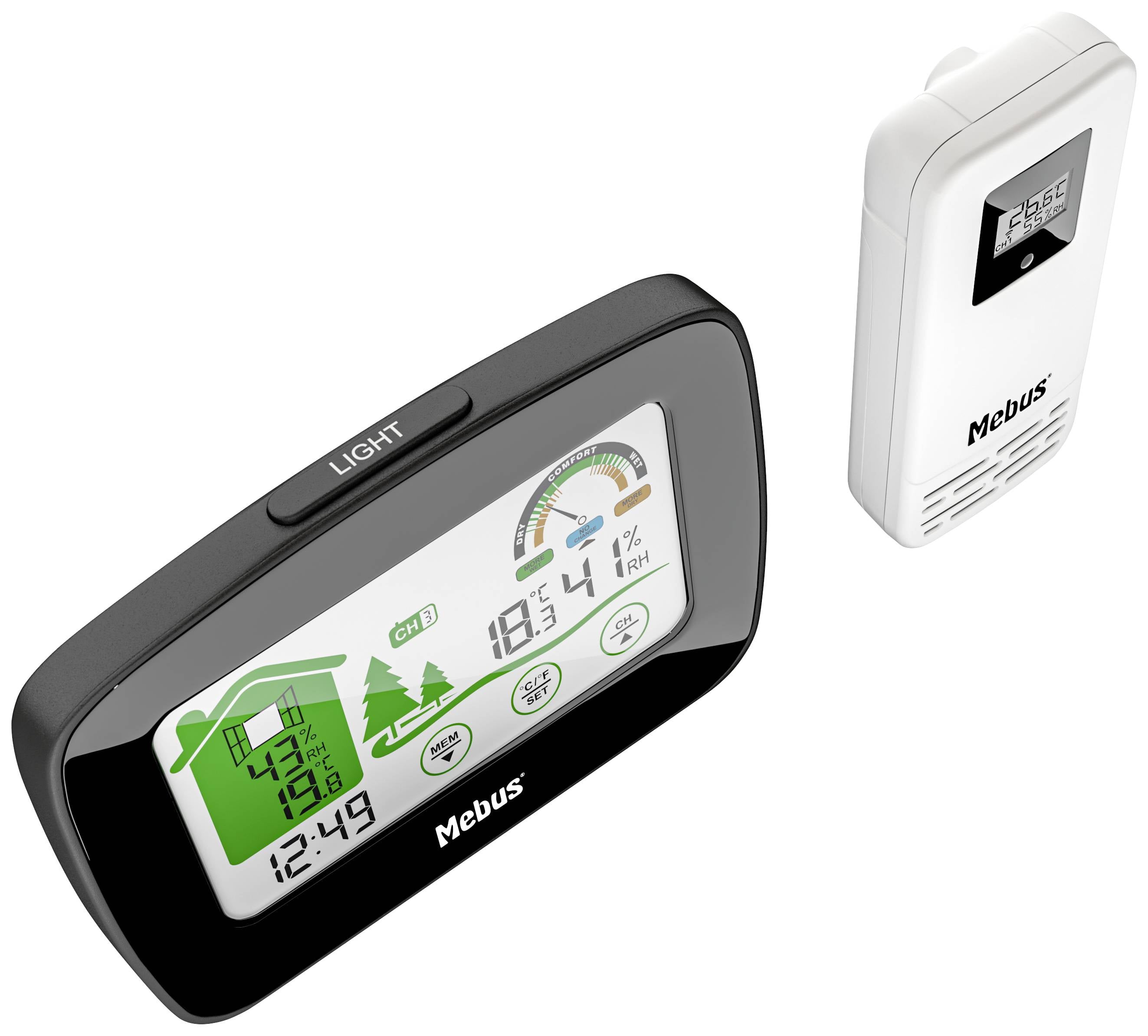 Elektronische Wetterstation mit Display zeigt Temperatur, Luftfeuchtigkeit und Wettervorhersage-Symbole. Enthält externen Sensor.