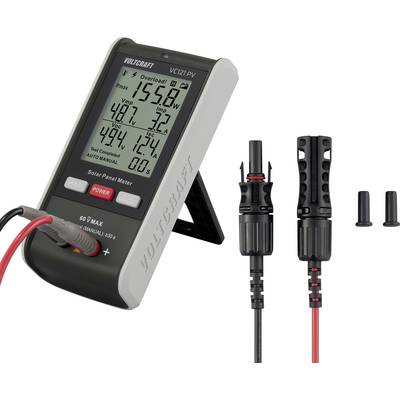 Multimeter zur Messung von Spannung und Strom mit ablesbarem Display. Zeigt Werte wie 15.58 V und 487.1 µA an. Kabel und Adapter daneben.