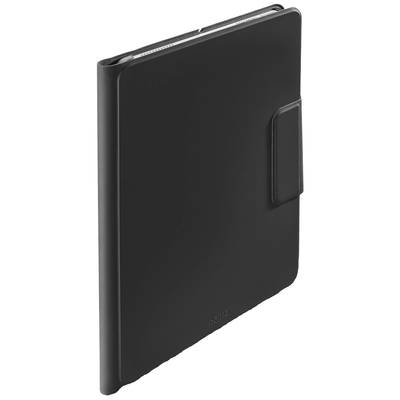 Eine schwarze, geschlossene Tablet-Hülle mit einem magnetischen Verschluss auf der rechten Seite, geeignet für sicheren Transport.