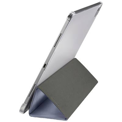 Ein Tablet in einem aufklappbaren Ständer, das schräg auf eine graue Unterlage gestellt ist, mit seitlichen Anschlüssen sichtbar.