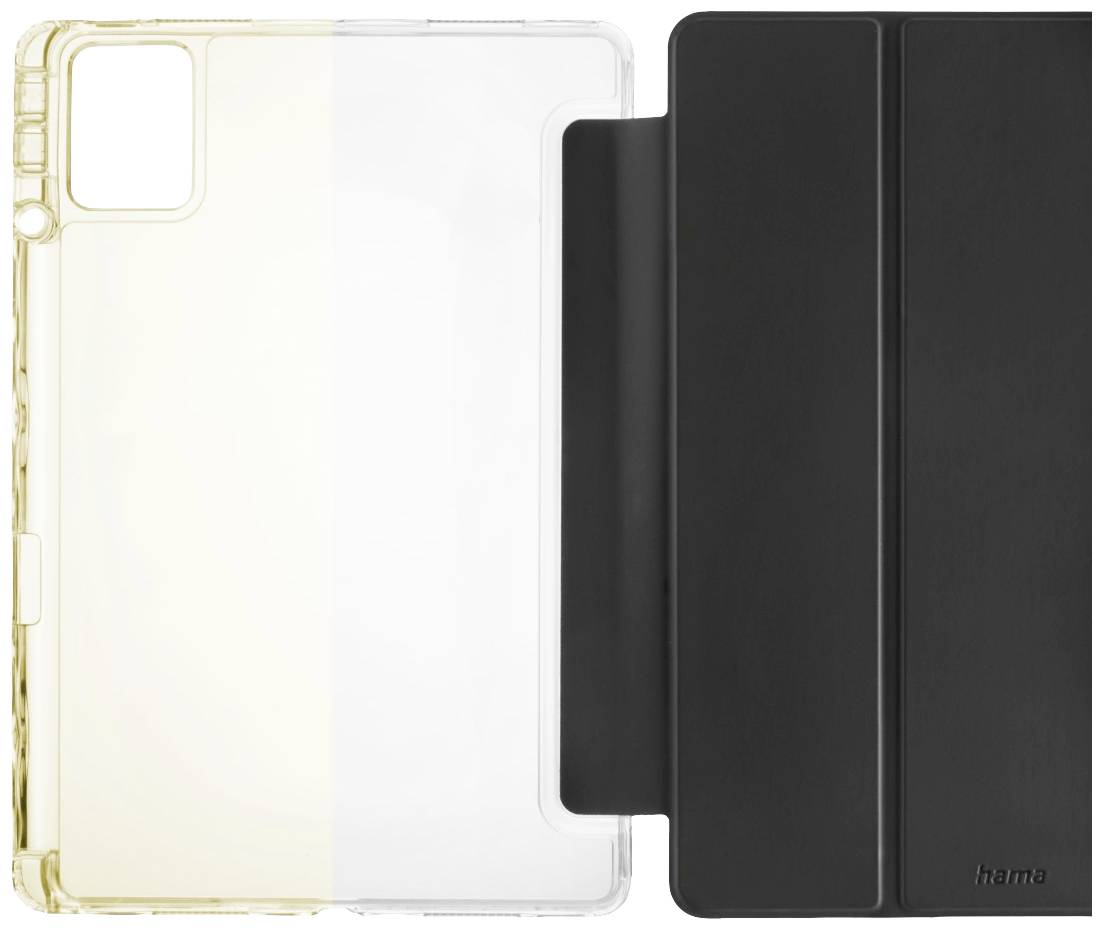 Eine transparente und eine schwarze Tablet-Hülle liegen nebeneinander. Links ist die durchsichtige Hülle, rechts die schwarze.