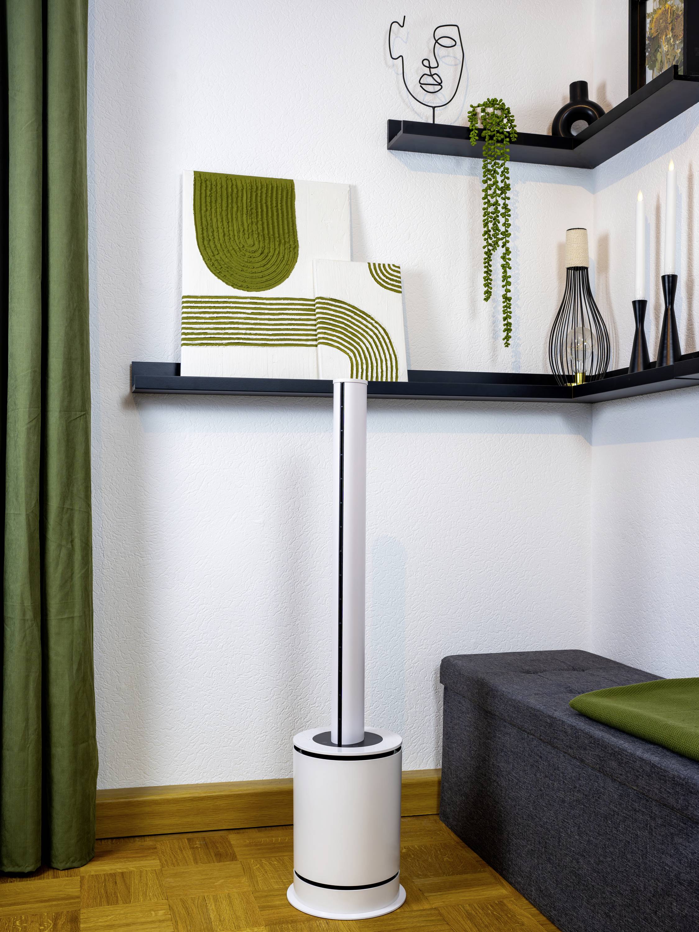 Ein stilvoll eingerichtetes Wohnzimmer mit grün-weißer moderner Kunst an der Wand, einem weißen Standventilator und dekorativen Regalen.