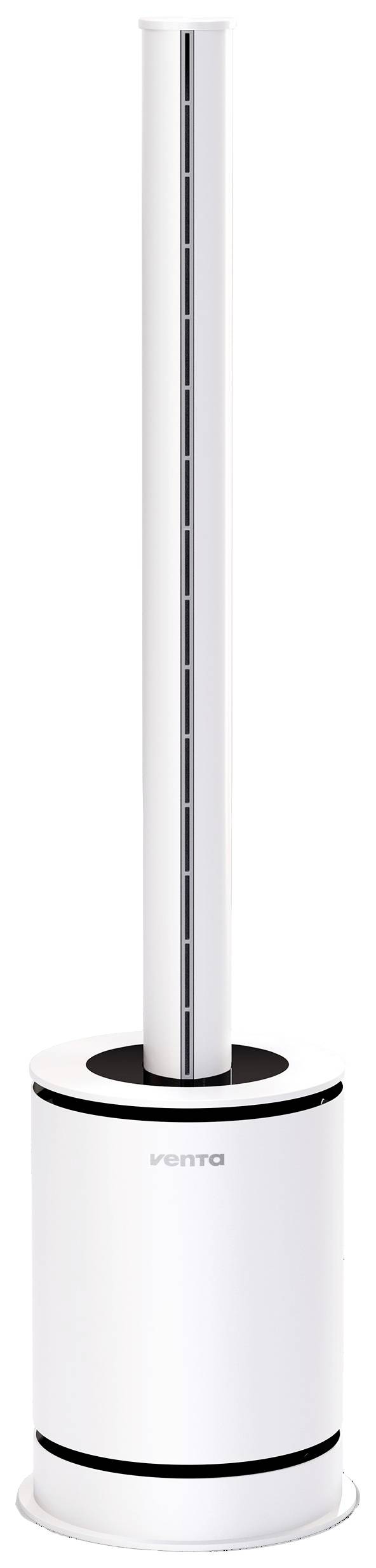 Weißer Turmventilator mit schlankem, modernem Design und vertikalen Lüftungsschlitzen.