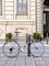 Ein hellblaues Fahrrad steht angelehnt an einen Poller vor einem historischen Gebäude mit großen Fenstern und dekorativen Pflanzen.