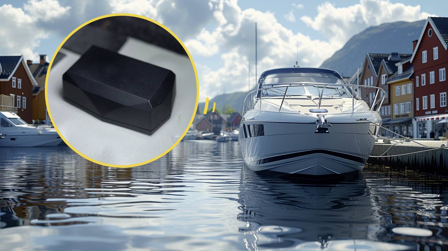 Ein modernes Boot liegt in einem malerischen Hafen mit bunten Häusern. Im Vordergrund der Einsatz eines kleinen rechteckigen Geräts.