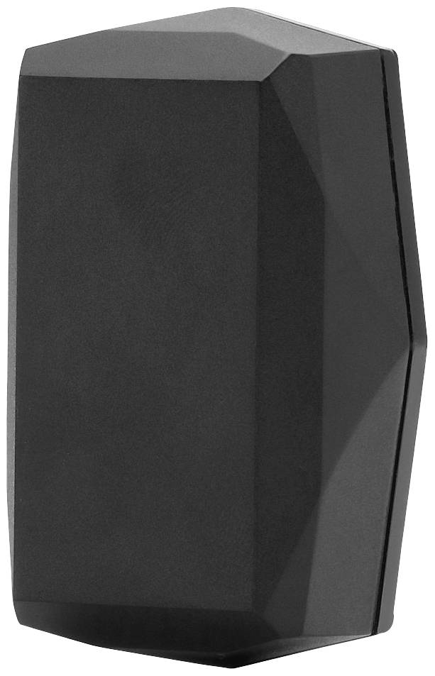 Ein schwarzer, facettierter, prismatischer Stein mit glatten Kanten und einer glänzenden Oberfläche.