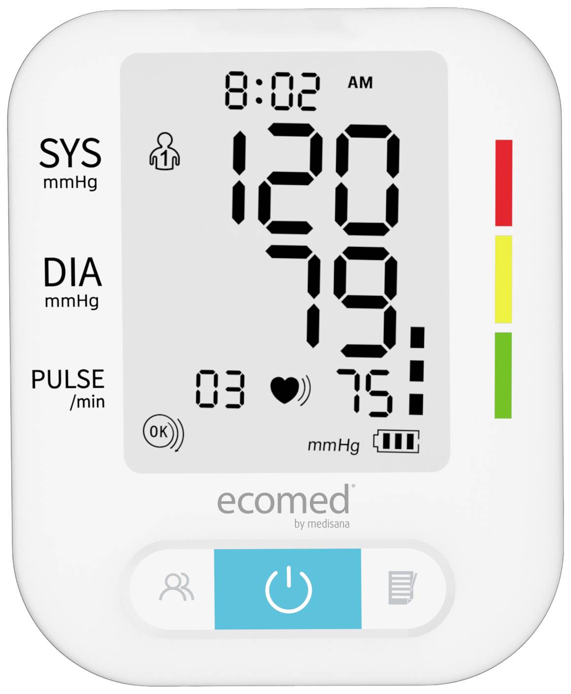 Blutdruckmessgerät mit digitalem Display zeigt Messwerte: Systolisch 120, Diastolisch 79, Puls 75. Grüne Markierung für normale Werte.