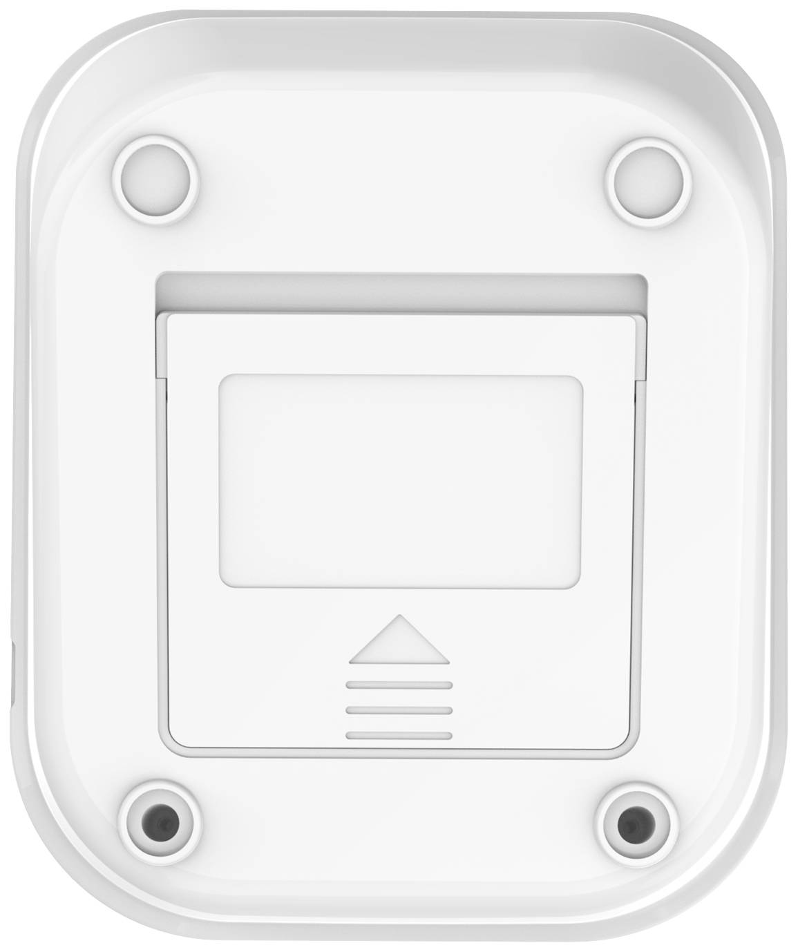 Weißer Kunststoffdeckel einer elektrischen Wanddose mit vier Schraubenlöchern, symmetrisch angeordnet.