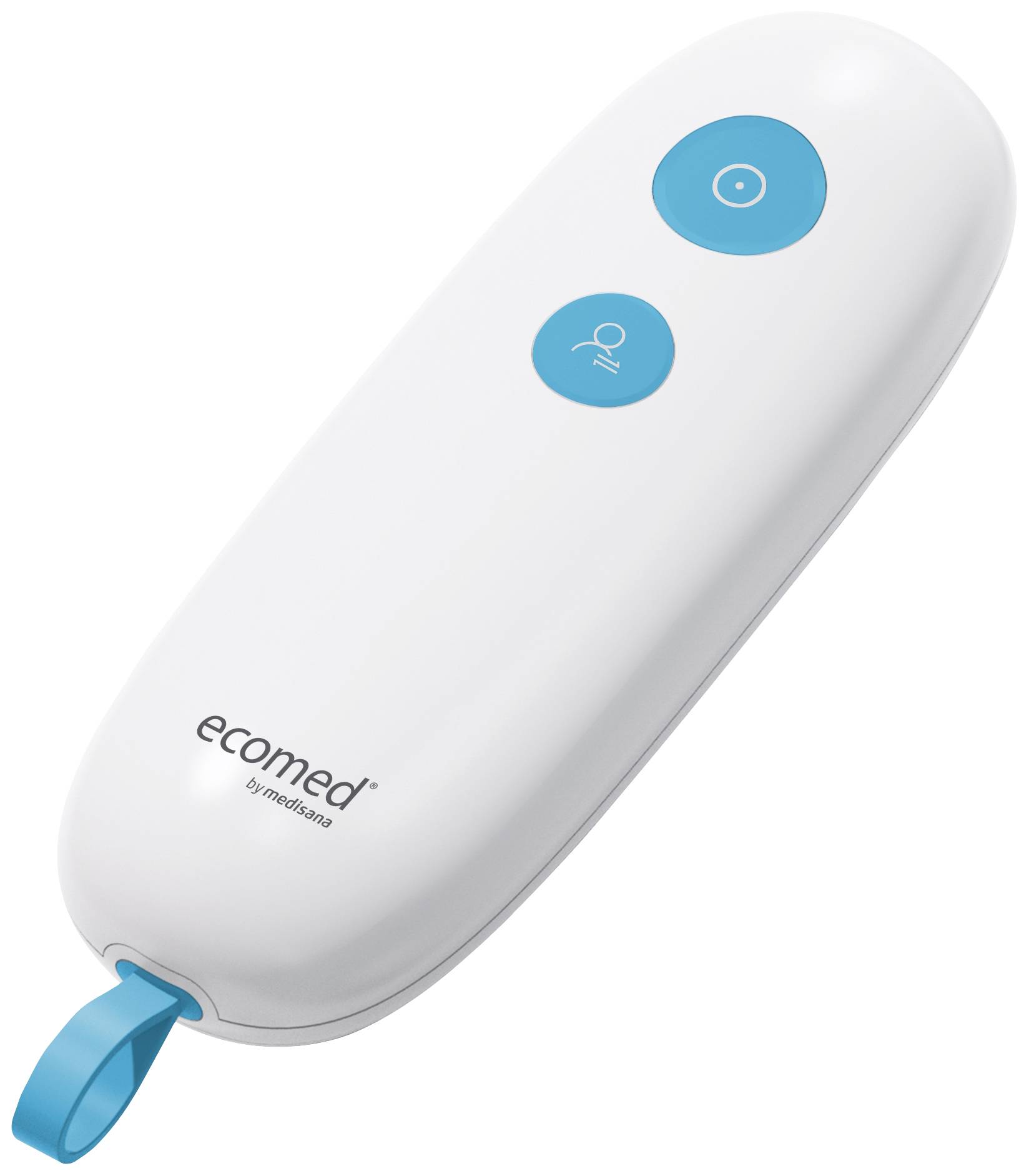 Ein weißes, ovales Gerät mit zwei blauen Knöpfen. Ein Knopf zeigt ein Power-Symbol, der andere ein Männchen. Produktname 'ecomed'.