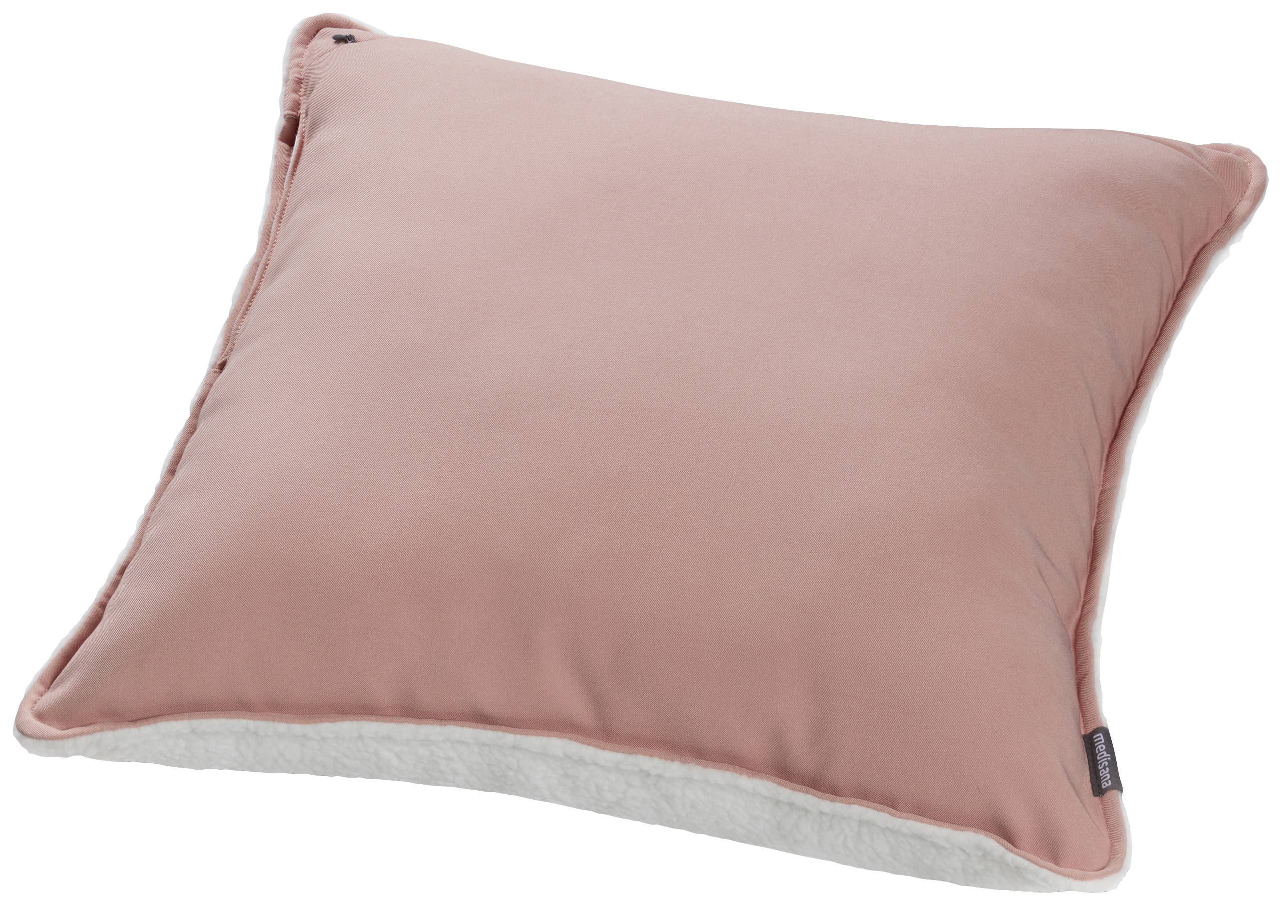 Ein quadratisches rosafarbenes Kissen mit weicher, heller Unterseite.