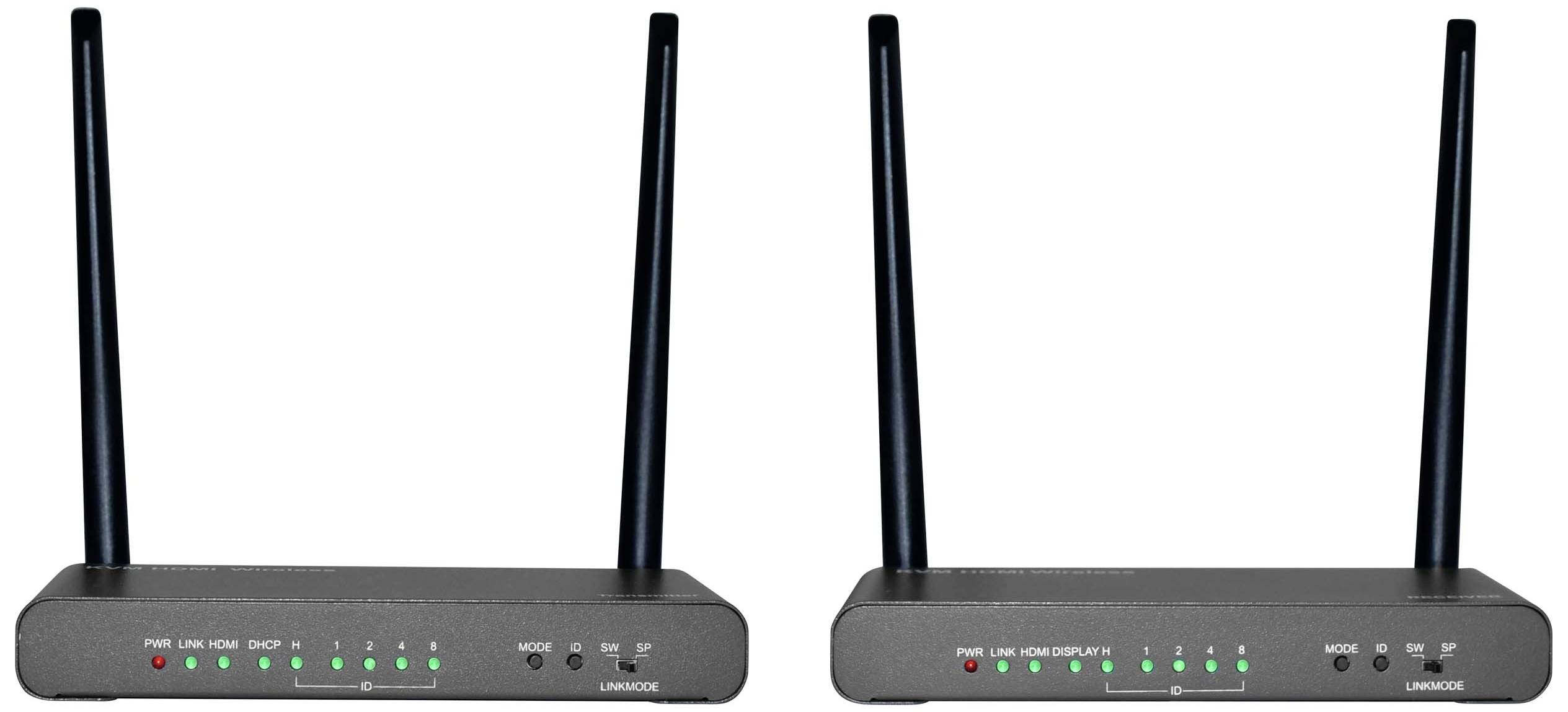 Zwei identische Router mit Antennen und verschiedenen leuchtenden LED-Anzeigen.