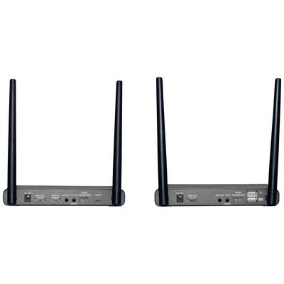 Zwei schwarze Router mit Antennen, Rückansicht: Anschlüsse für HDMI, USB und Netzwerkkabel sichtbar.