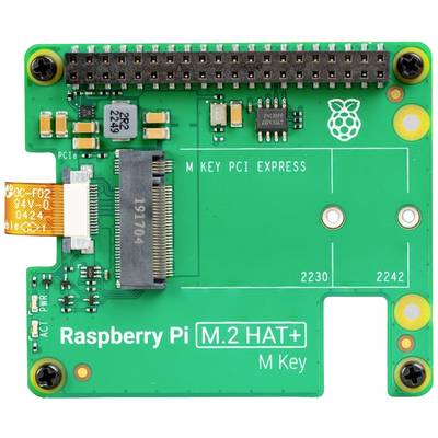 M.2 HAT+ für Raspberry Pi, grüne Leiterplatte mit Anschluss für M-Key PCI Express und mehreren elektronischen Bauteilen.