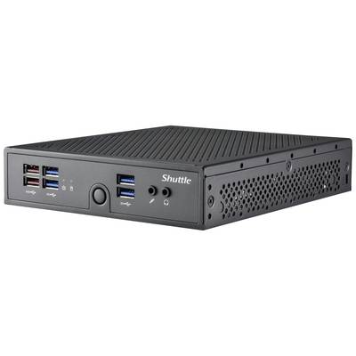 Ein kompakter, schwarzer Computer mit mehreren USB-Anschlüssen vorne und Lüftungsschlitzen. Das Logo 'Shuttle' ist sichtbar.