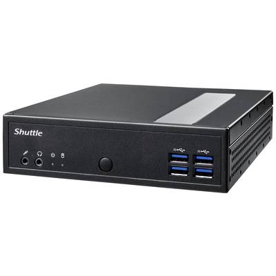Ein schwarzer Mini-PC von Shuttle mit vier USB-Anschlüssen an der Vorderseite, geeignet für Büroanwendungen oder Heimunterhaltung.