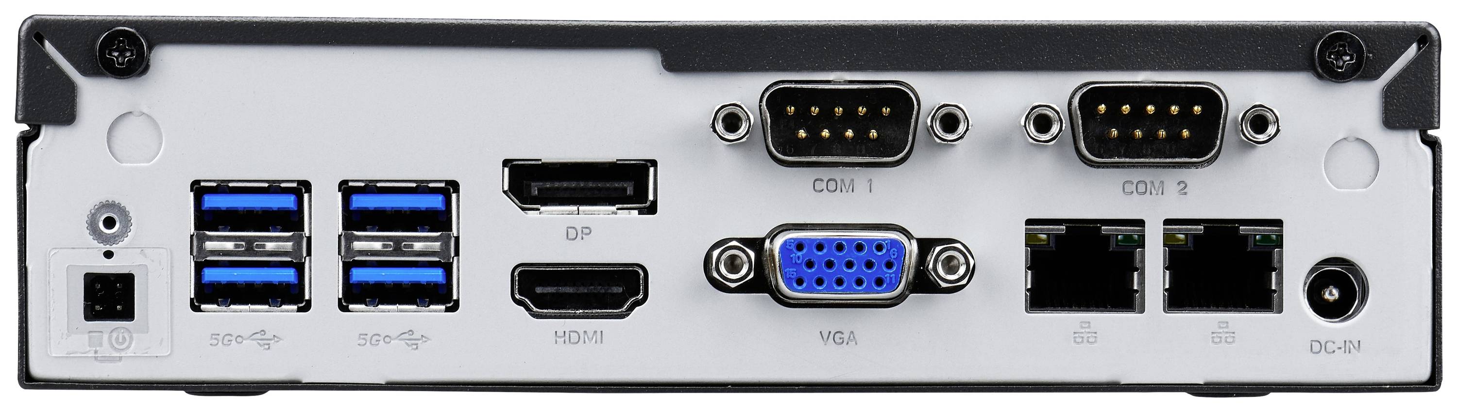 Rückansicht eines Geräts mit verschiedenen Anschlüssen: vier USB-Ports, ein DisplayPort, ein HDMI, ein VGA und zwei serielle Ports.