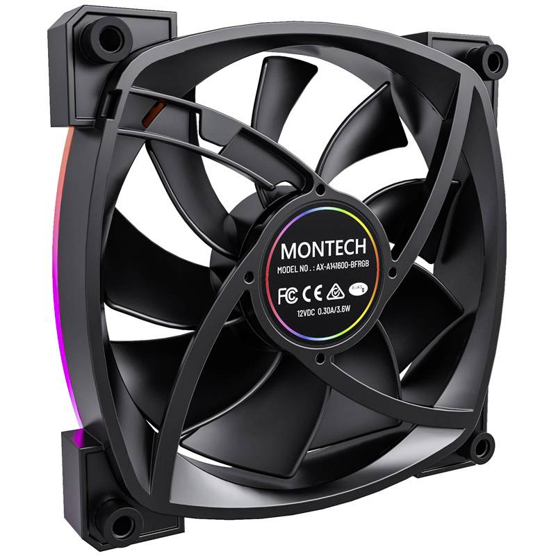 Ein schwarzer Computerlüfter mit RGB-Beleuchtung am Rand, halb transparenten Rotorblättern und einem zentralen Markenaufkleber.