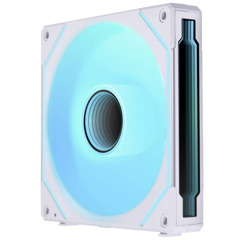 Ein blauer, leuchtender Computerlüfter in einem weißen Gehäuse, wahrscheinlich für die Kühlung in einem Computergehäuse verwendet.