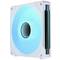 Ein blauer, leuchtender Computerlüfter in einem weißen Gehäuse, wahrscheinlich für die Kühlung in einem Computergehäuse verwendet.