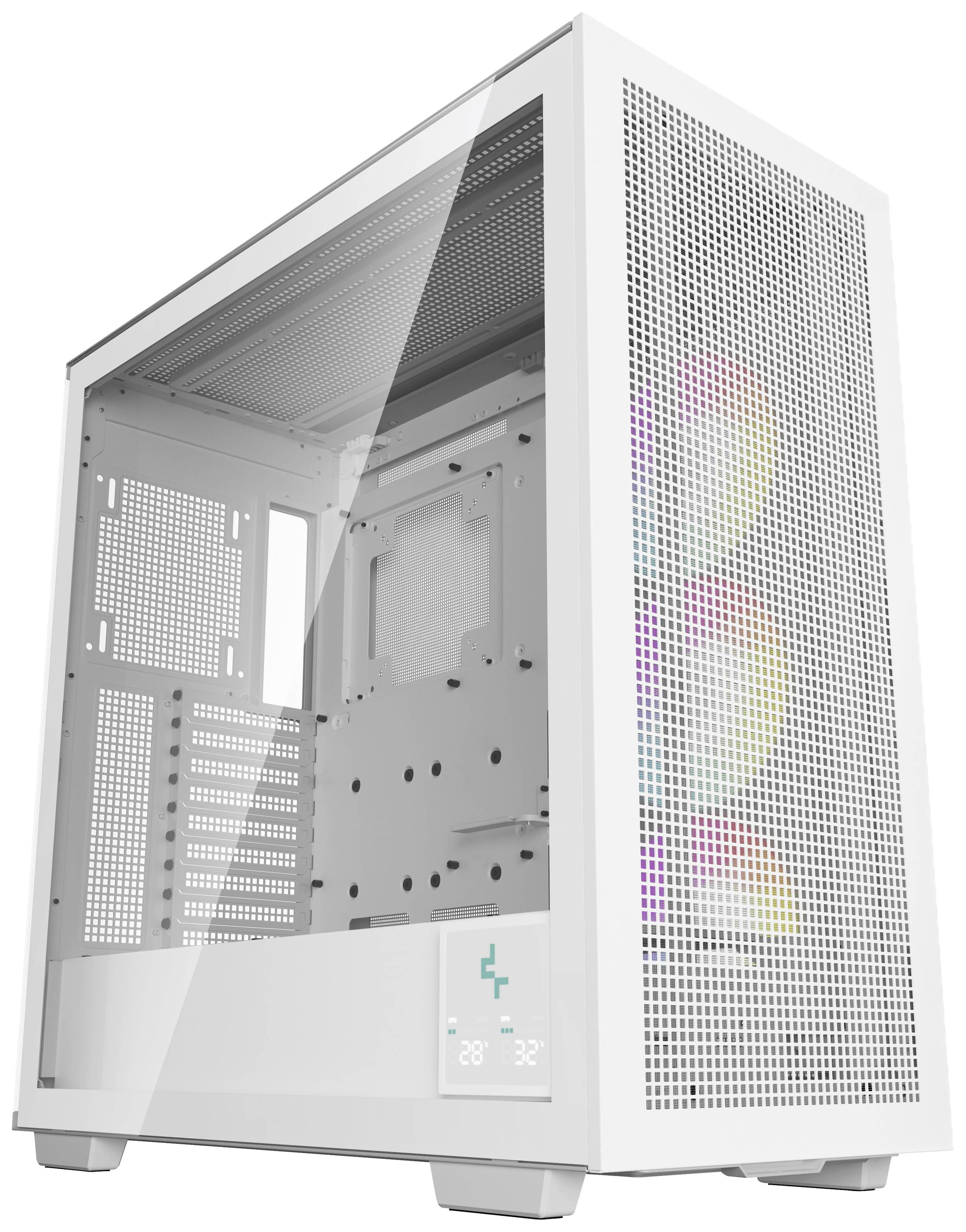 Ein weißes, leeres Computergehäuse mit Glaspanel an der Seite und einem digitalen Display vorne, das Temperatur und Lüftergeschwindigkeit anzeigt.