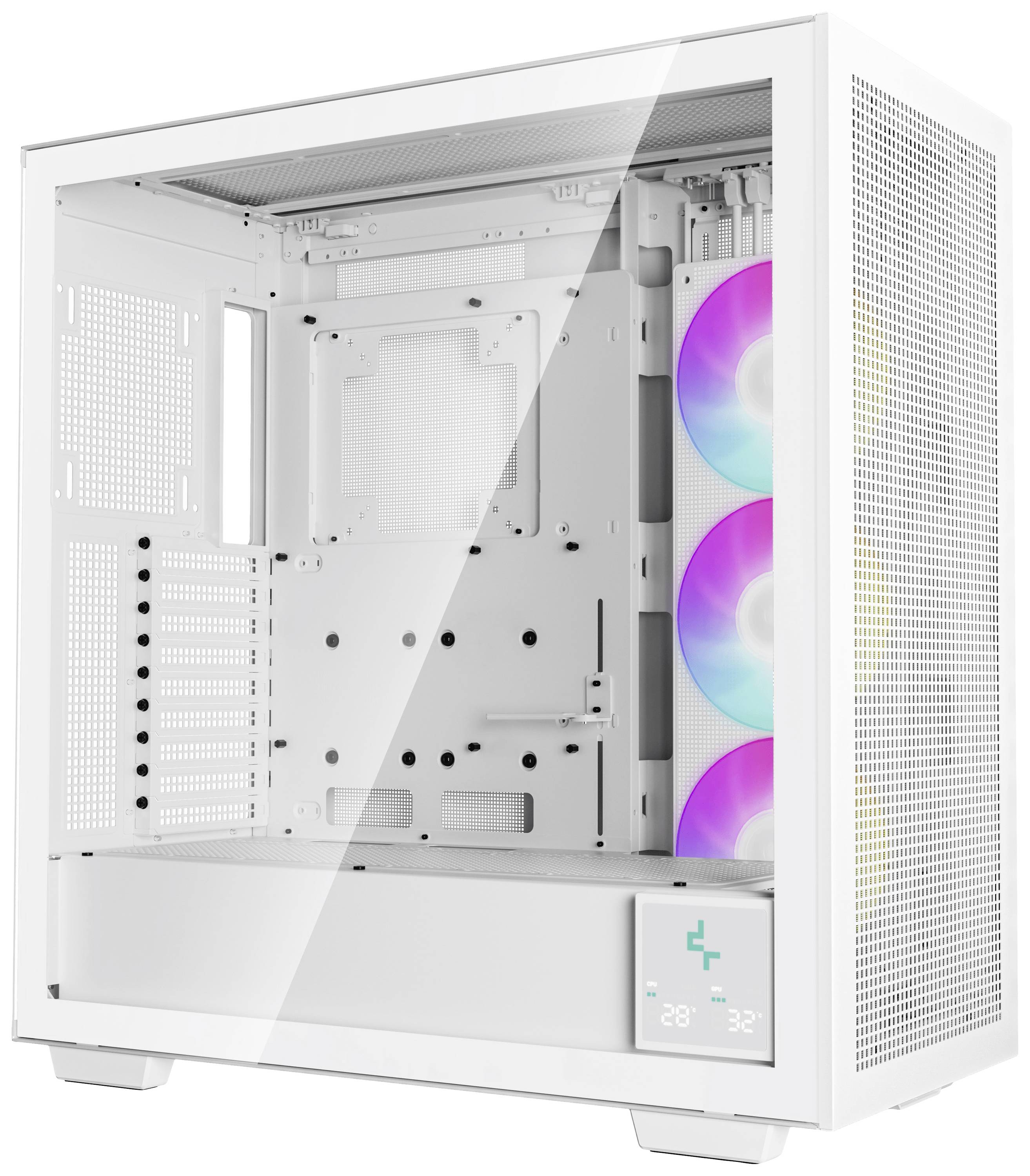 Weißes Computergehäuse mit Glasfenster zeigt drei sichtbare Lüfter mit bunter LED-Beleuchtung.