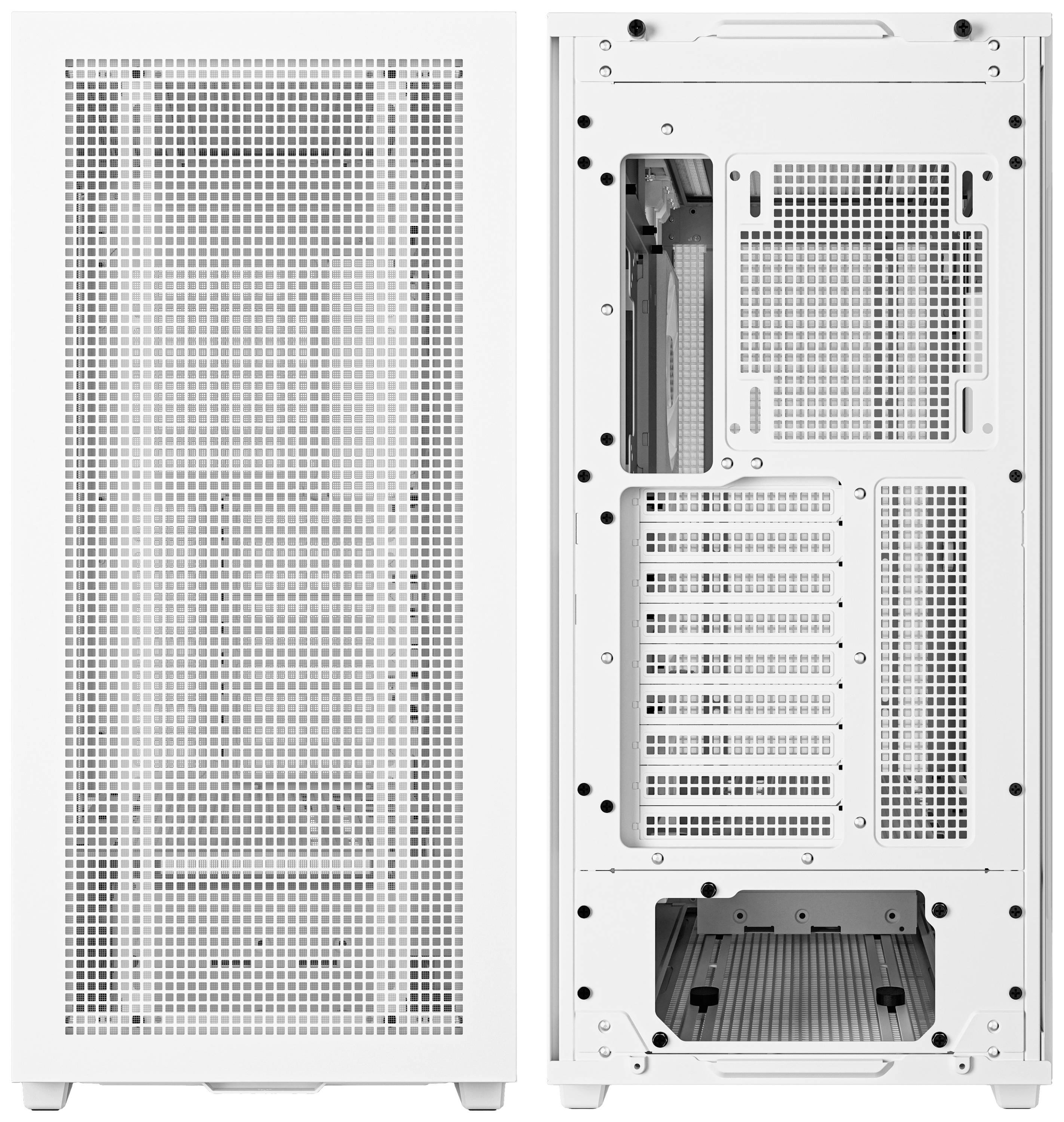 Ein weißes Computergehäuse mit perforiertem Design, zeigt die Front- und Rückseite. Die Rückseite hat mehrere Steckplätze und Belüftungsöffnungen.