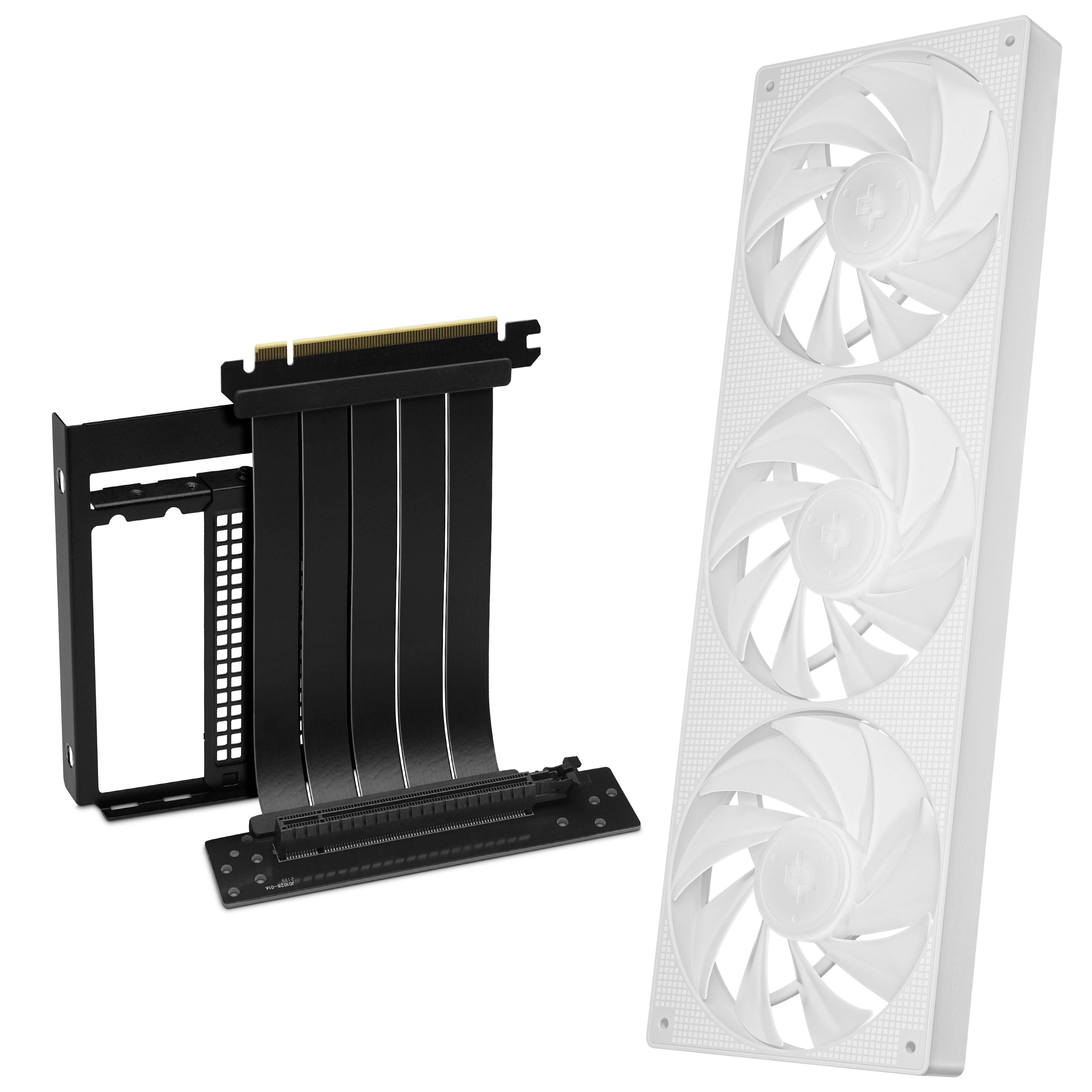 'Ein vertikales GPU-Halterungskit mit Riser-Kabel und ein weißes Lüfter-Modul mit drei Lüftern, häufig in Computergehäusen verwendet.'