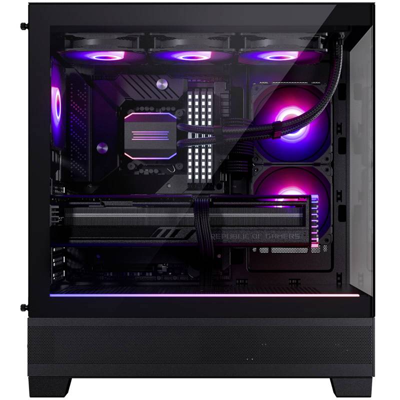 Bild eines modernen Gaming-PCs mit Glasgehäuse, RGB-beleuchteten Lüftern in Magenta und Blau, und sichtbaren Komponenten.