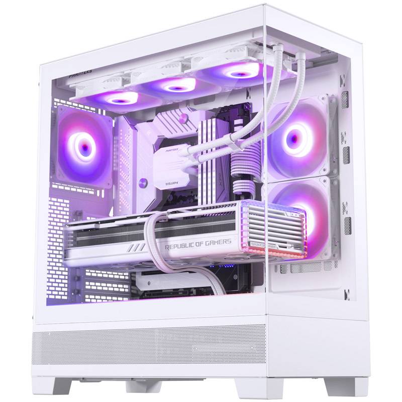 Ein weißer Gaming-Computer mit leuchtenden RGB-Leuchten und klarer Seitenscheibe, zeigt interne Hardwarekomponenten deutlich.