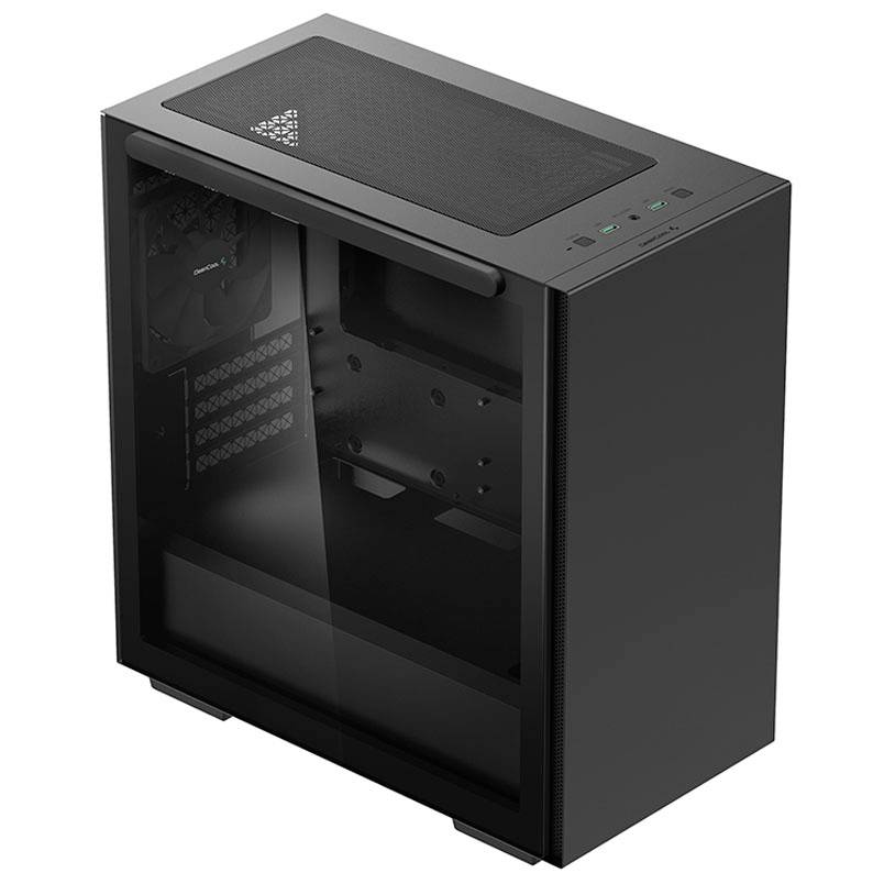 Schwarzes Computergehäuse mit transparentem Seitenfenster, sichtbare Lüfteröffnungen und Anschlüsse oben, geeignet für PC-Bau.