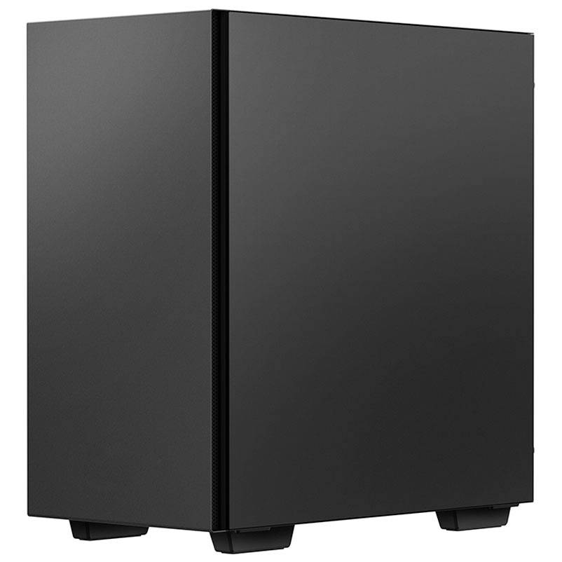 Schwarzes Computergehäuse mit einem minimalistischen Design auf einem weißen Hintergrund. Es steht leicht schräg nach links.