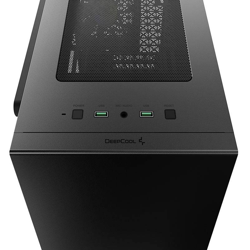Schwarzes PC-Gehäuse von DeepCool mit Lüftungsgitter oben, USB-Anschlüssen und Bedienelementen an der Front.
