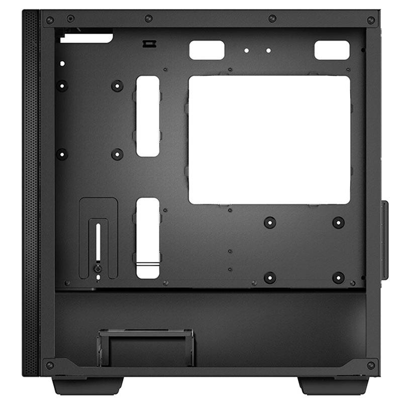 Ein leerer Computer-Tower mit offenem Gehäuse zeigt den Innenraum, wo Komponenten wie das Motherboard und Laufwerke installiert werden.