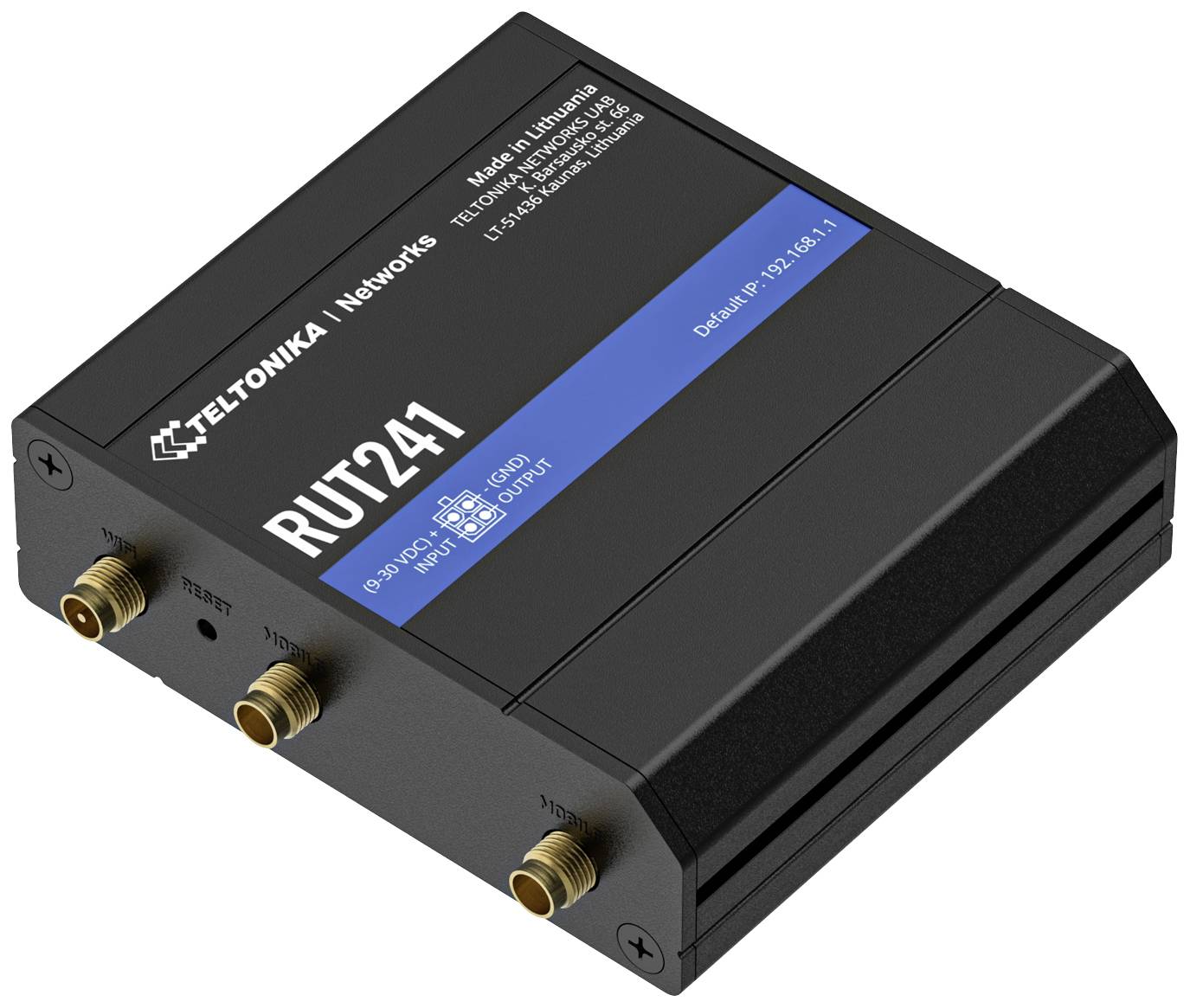 Schwarzer Router von Teltonika mit Modellnummer RUT241. Markiert als in Litauen hergestellt. Enthält mehrere Anschlüsse und blaue Beschriftung.