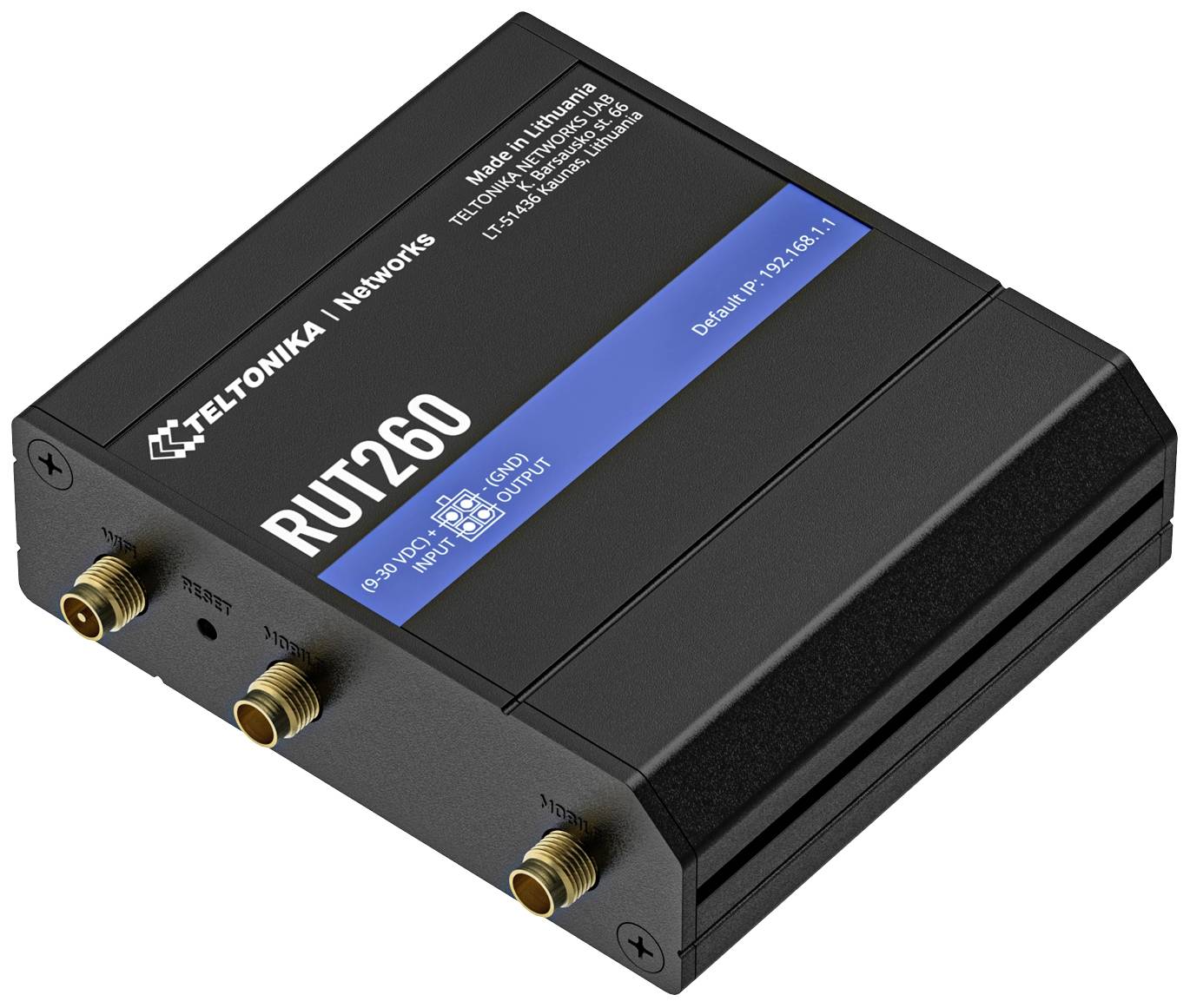 Schwarzes Teltonika RUT260 Router-Gerät mit blauer Beschriftung; Modellnummer und Ports sind deutlich sichtbar.