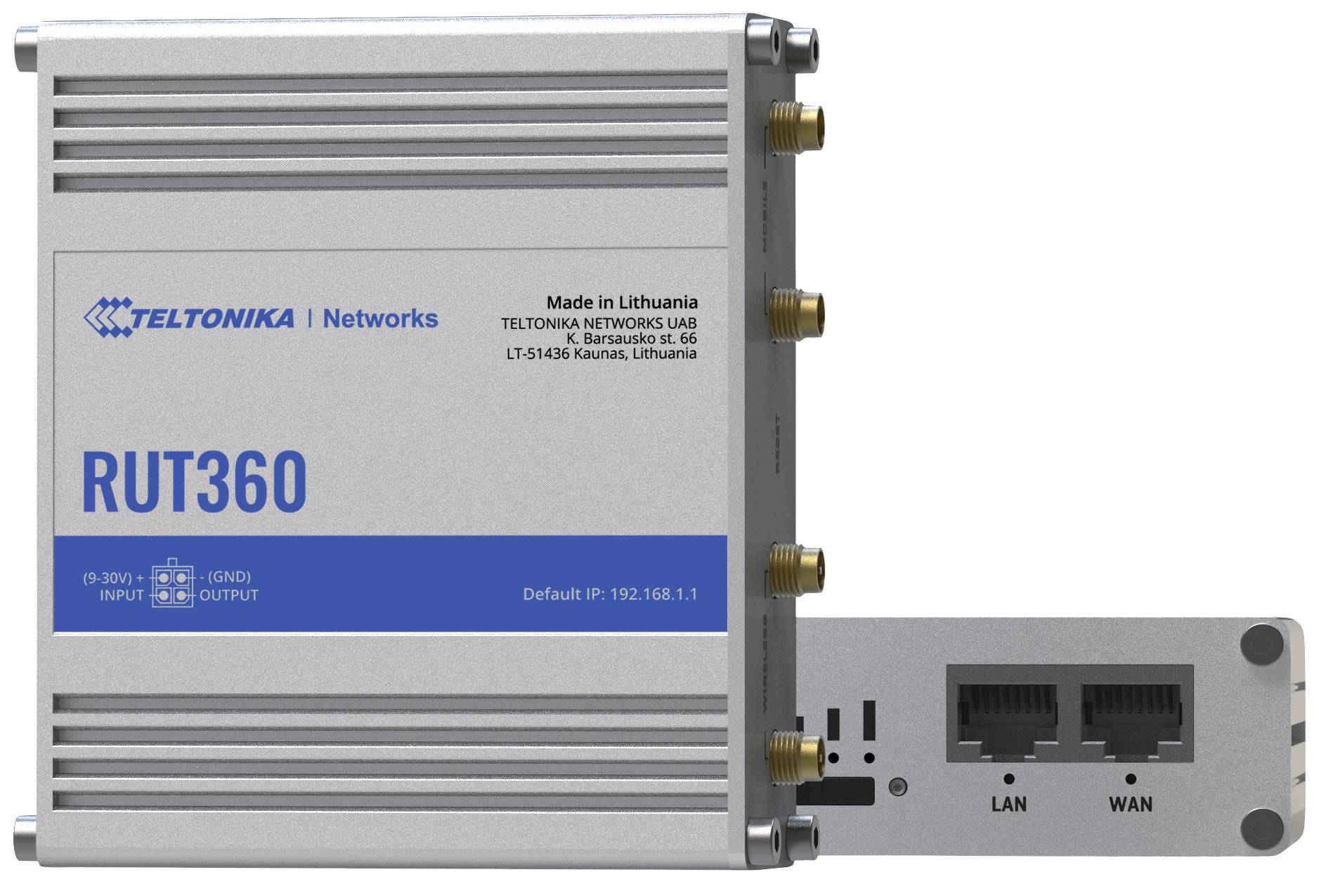 Ein Router der Marke Teltonika mit Modellnummer RUT360, hergestellt in Litauen, zeigt LAN- und WAN-Ports sowie Eingangs- und Ausgangsanschlüsse.