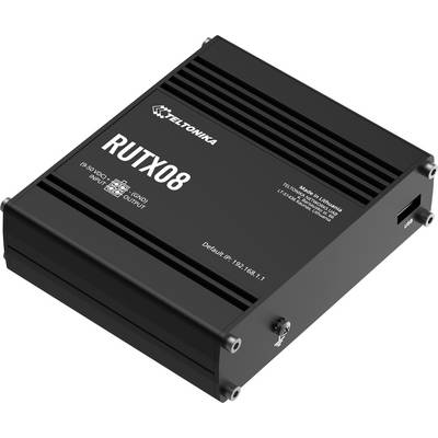Schwarzer Teltonika RUTX08 Industrie-Router in einem Metallgehäuse, dargestellt in einer angewinkelten Produktansicht vor weißem Hintergrund.