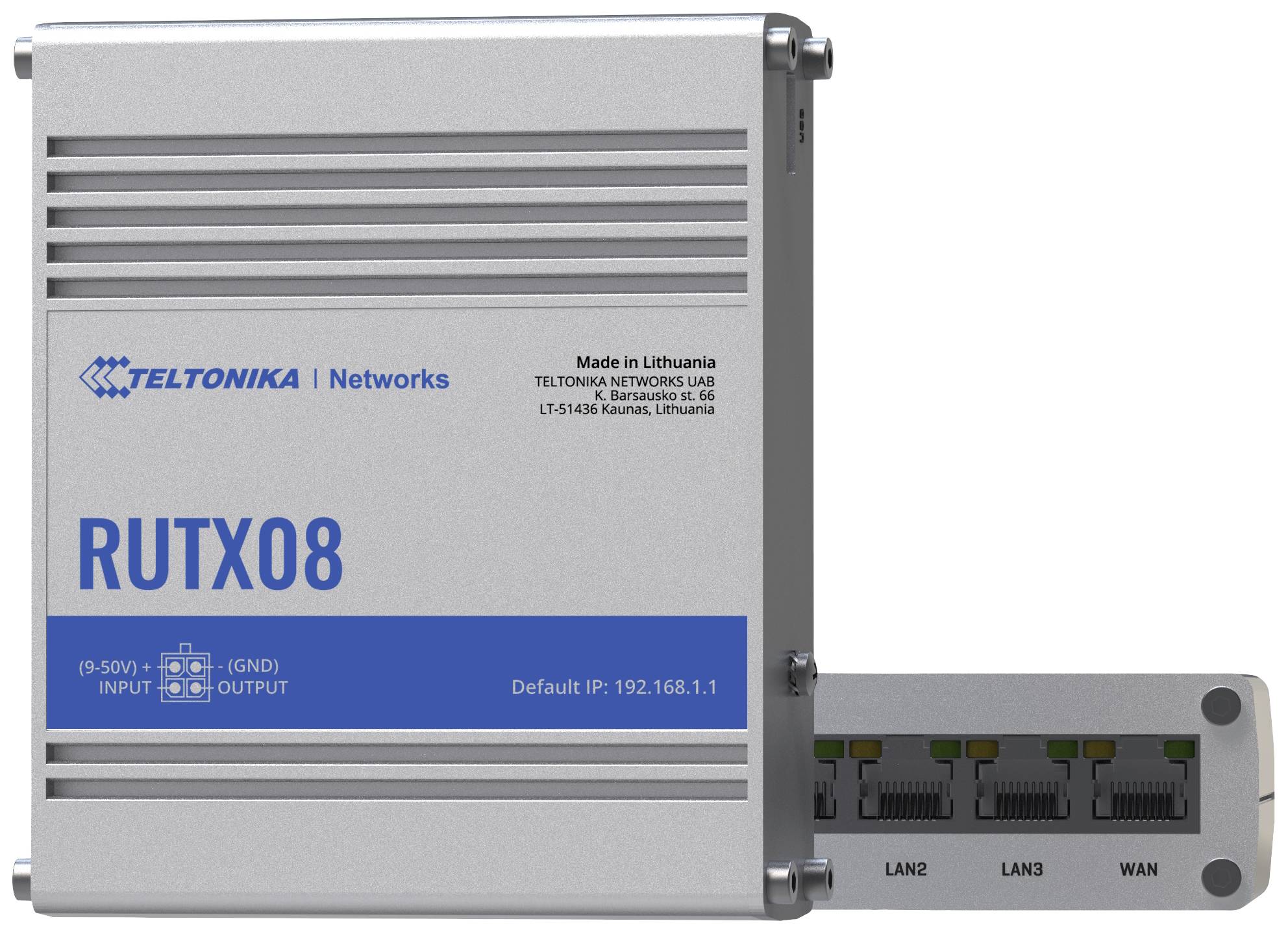 Industrielles Netzwerkgerät 'RUTX08' von Teltonika mit vier Ethernet-Anschlüssen, geeignet für robuste Verbindungen und Anwendungen.