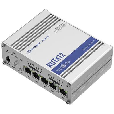 Ein grauer Industrieller Router mit vier LAN- und zwei WAN-Ports, Modell 'RUTX12' von Teltonika Networks, auf einer weißen Fläche.