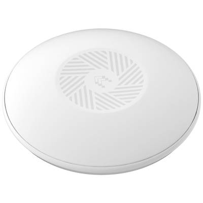 Rundes, weißes Gerät mit einem Muster in der Mitte. Es sieht aus wie ein modernes elektronisches Gerät, möglicherweise für drahtlose Kommunikation.