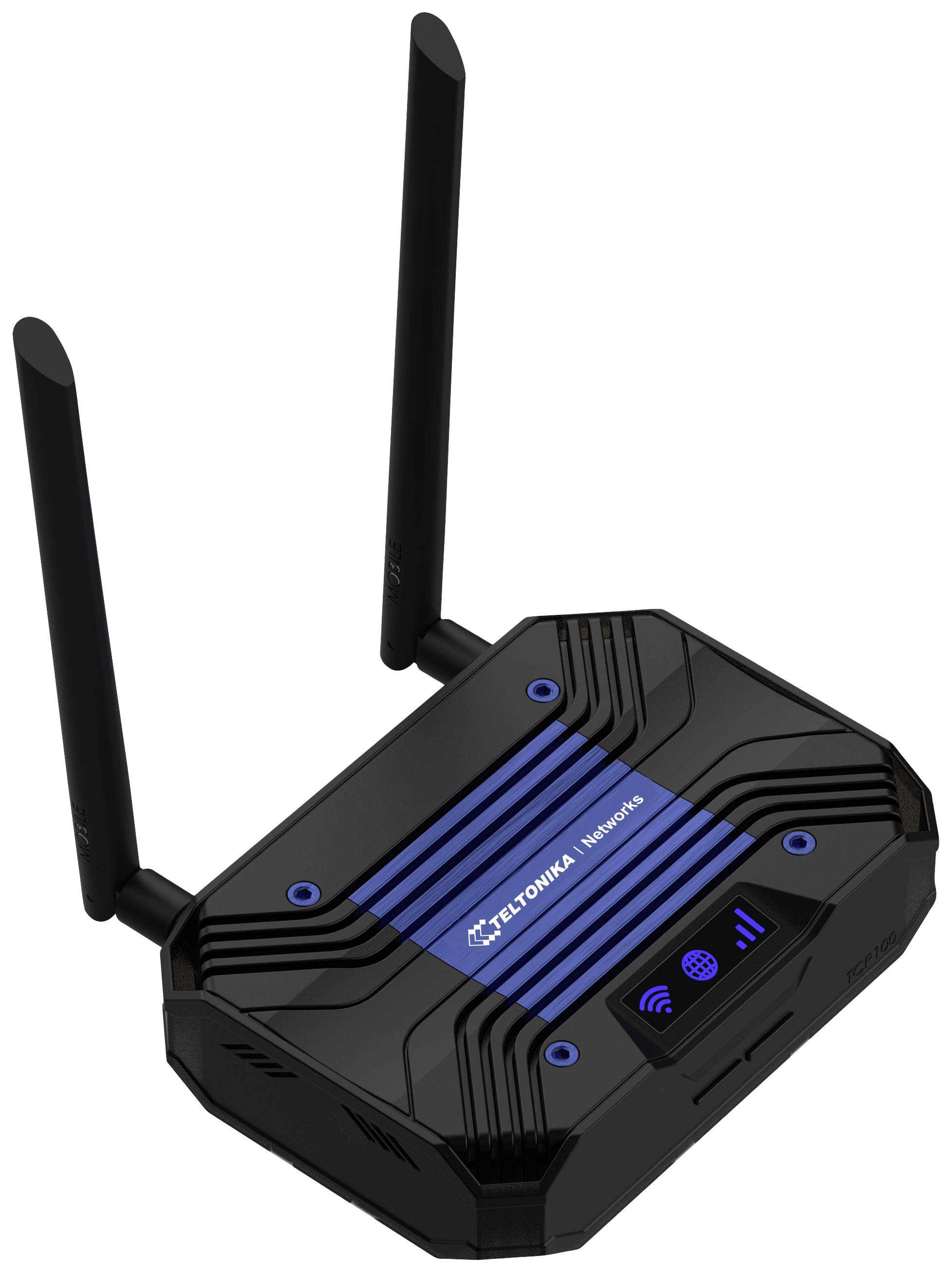 Ein schwarzer Router mit blauen Akzenten, zwei Antennen und leuchtenden Symbolen für WLAN und Netzwerkkonnektivität auf der Vorderseite.