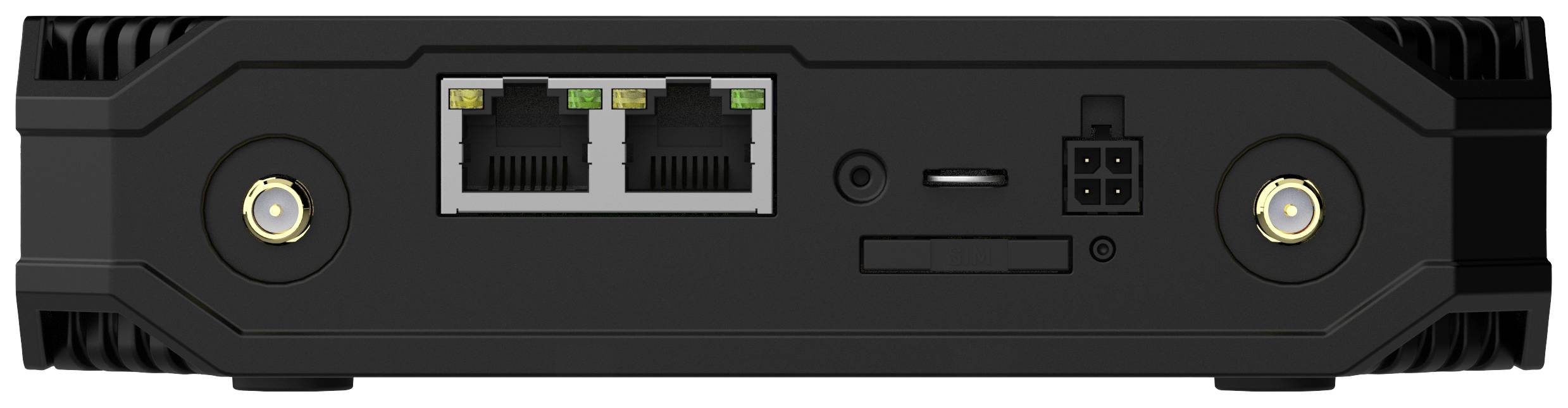 Rückseite eines schwarzen Netzwerkgeräts mit zwei Ethernet-Ports, SD-Kartensteckplatz und Stromanschluss.