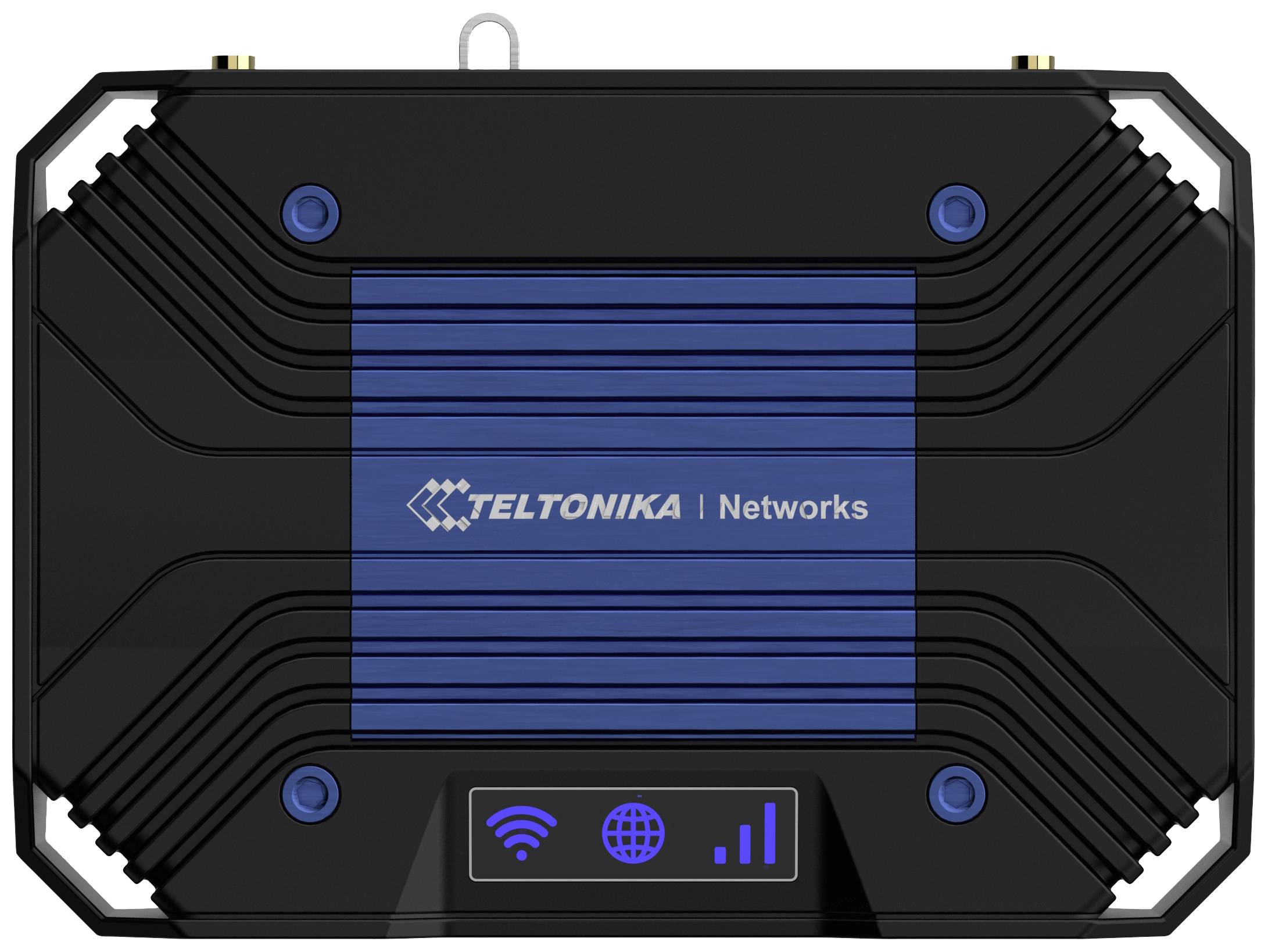 Schwarzes und blaues Netzwerkgerät von Teltonika Networks, rechteckige Form mit Antennenanschlüssen und Symbolleiste mit WLAN- und Netzwerk-Icons unten.
