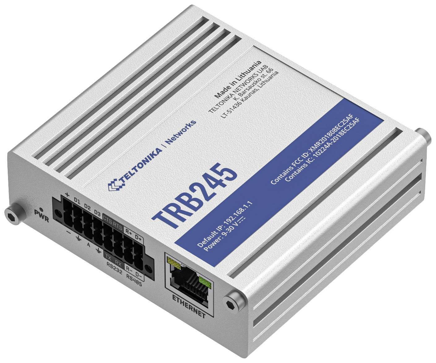 Ein industrieller Netzwerk-Gateway-Router mit der Modellnummer 'TRB245', einschließlich Ethernet-Anschluss und LED-Anzeigen.