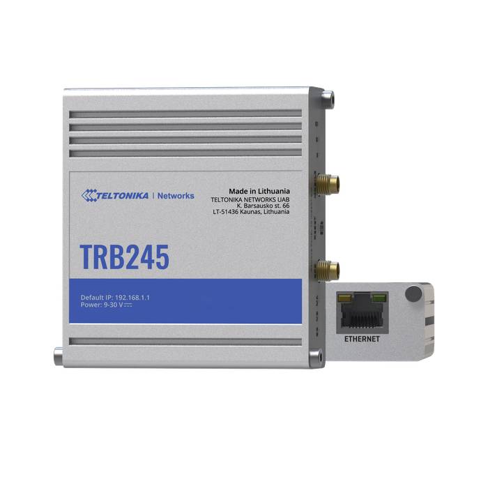 Ein graues elektronisches Gerät mit der Aufschrift 'TRB245'. Rechts befinden sich Ethernet-Anschluss und zwei Antennenanschlüsse.